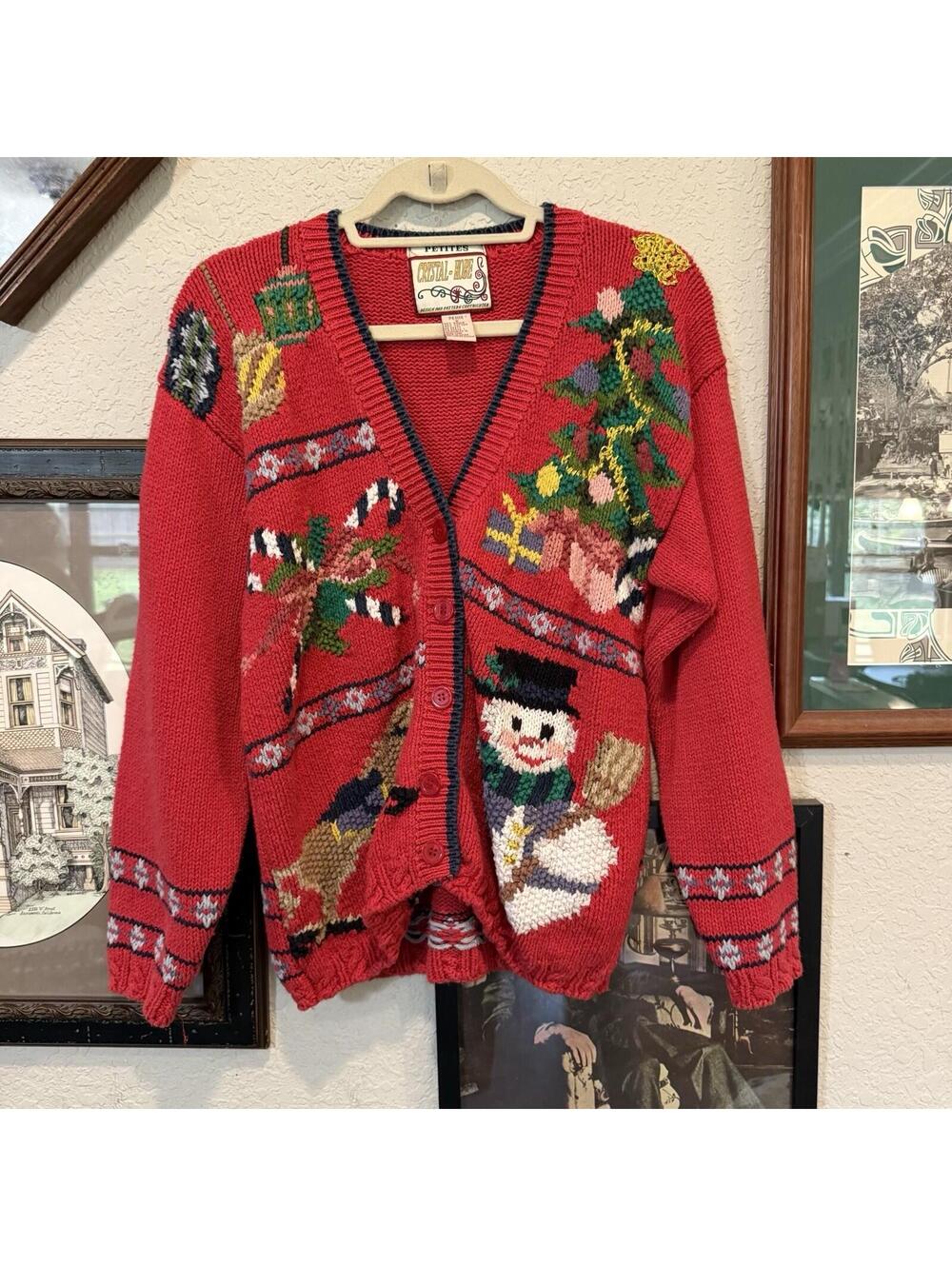 Vintage 80s/90s RARE Crystal Kobe Christmas Designer Cardigan Ugly Sweater Small
